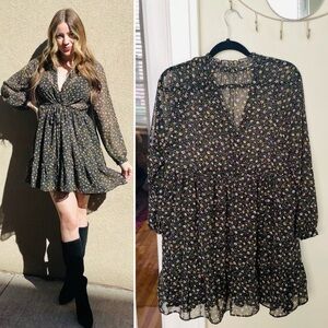 Zara Black Floral Long Sleeve Babydoll Mini Dress